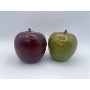 Vintage Wooden Apples Wooden Stem Wood Fruit Set Of 2 Red Green